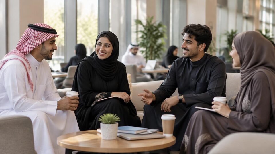 طلاب وطالبات في لقاء جامعي اجتماعي داخل صالة مضيئة