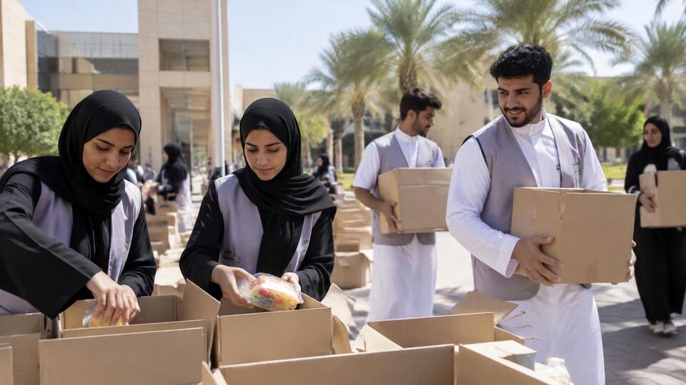 طلاب وطالبات يرتدون سترات تطوعية ينقلون صناديق في مبادرة لخدمة المجتمع