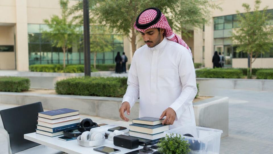 طالب يرتّب كتبًا وسماعات وأجهزة صغيرة على طاولة لعرضها للبيع في الحرم الجامعي