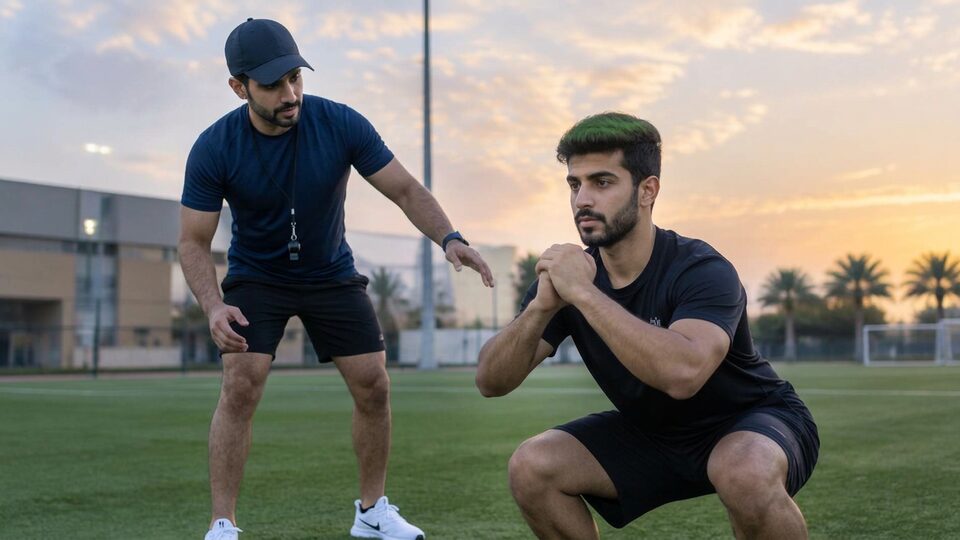 مدرب يوجّه شابًا أثناء تمرين لياقة في ملعب رياضي