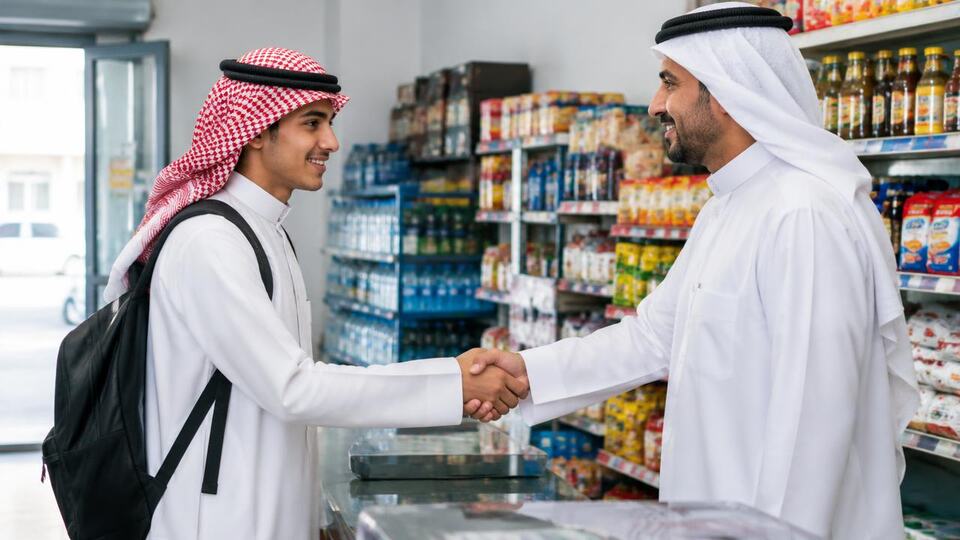 طالب يصافح صاحب متجر محلي داخل المتجر