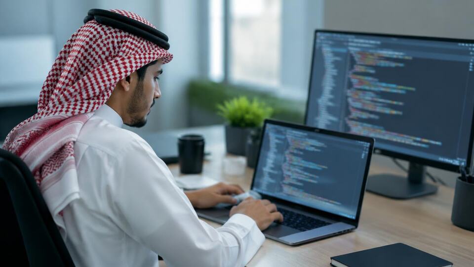طالب يبرمج على حاسوب محمول وشاشة إضافية