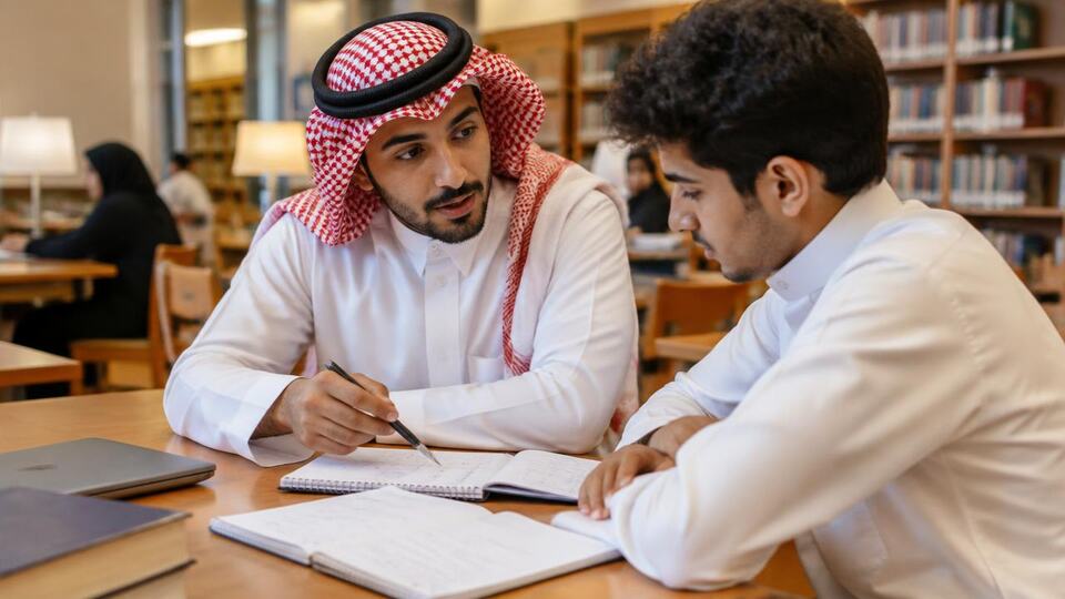 طالب يشرح درسًا لزميله على طاولة في مكتبة جامعية